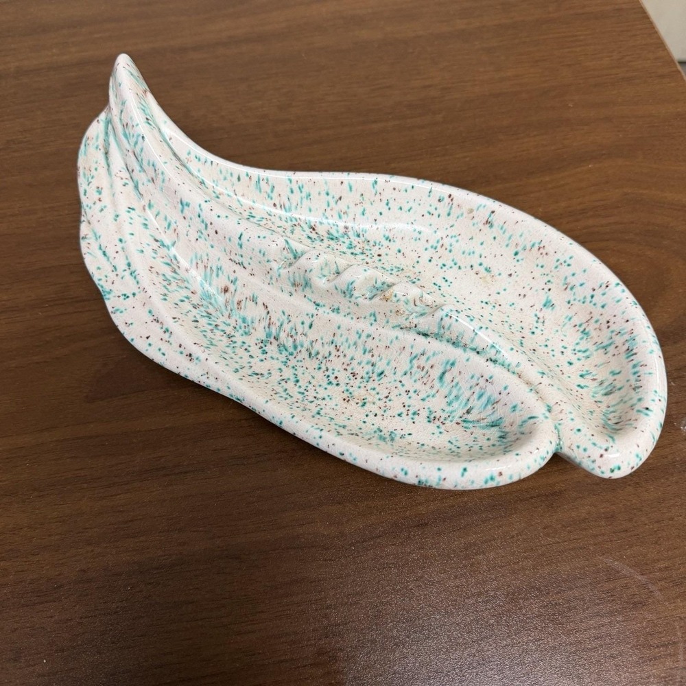 Vintage Ceramic Leaf Ashtray Speckled Turquoise Brown Glaze Mid Century